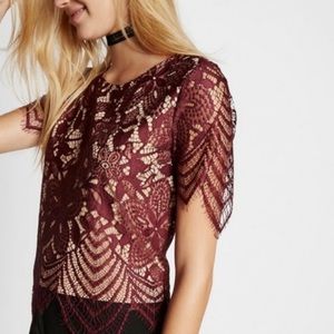 Express burgundy lace overlay top